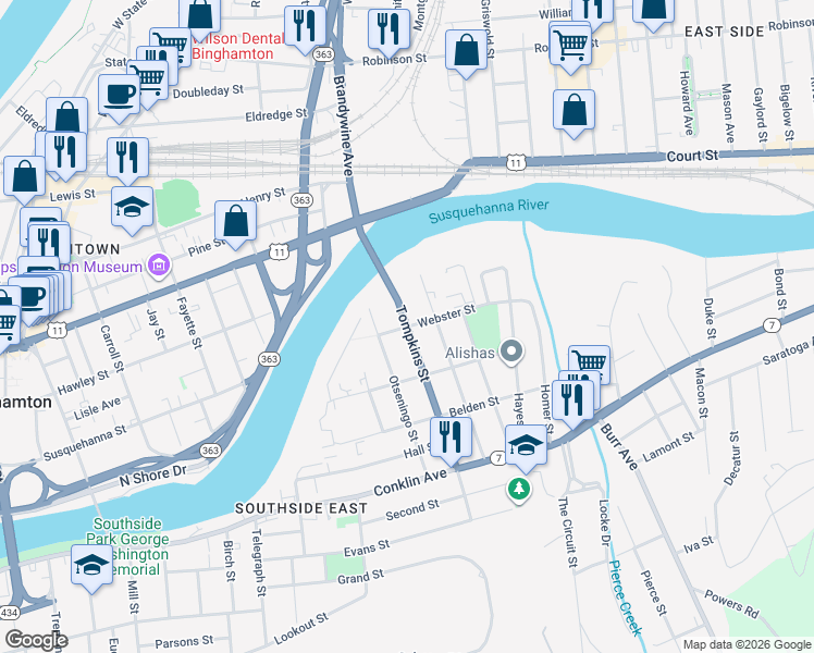 map of restaurants, bars, coffee shops, grocery stores, and more near Tompkins Street & Webster Street in Binghamton