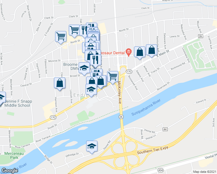 map of restaurants, bars, coffee shops, grocery stores, and more near 1408 East Main Street in Endicott