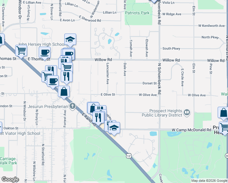 map of restaurants, bars, coffee shops, grocery stores, and more near 200 Royal Court in Prospect Heights