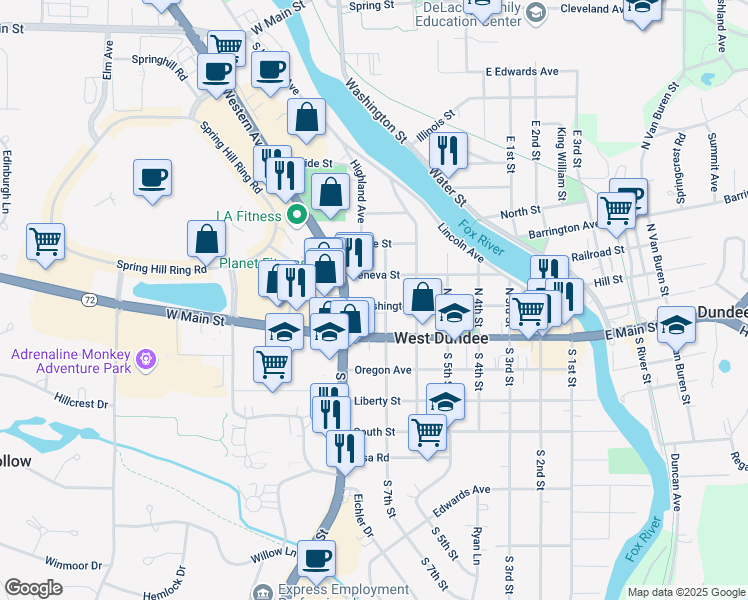 map of restaurants, bars, coffee shops, grocery stores, and more near 706 Washington Street in West Dundee