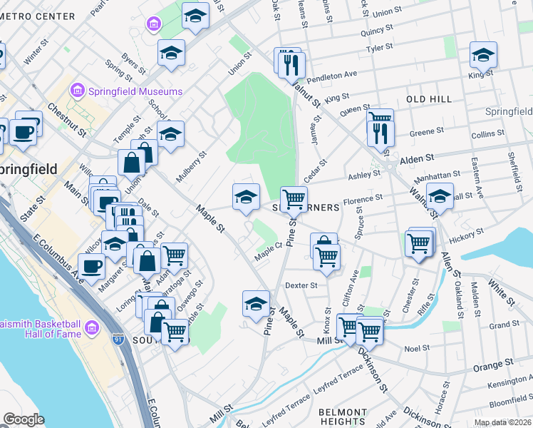 map of restaurants, bars, coffee shops, grocery stores, and more near 255 Central Street in Springfield
