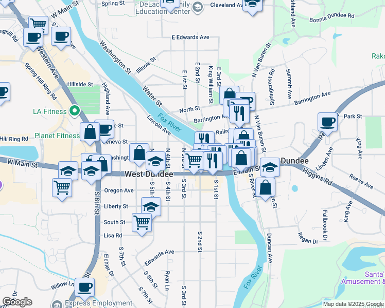 map of restaurants, bars, coffee shops, grocery stores, and more near 210 Washington Street in West Dundee