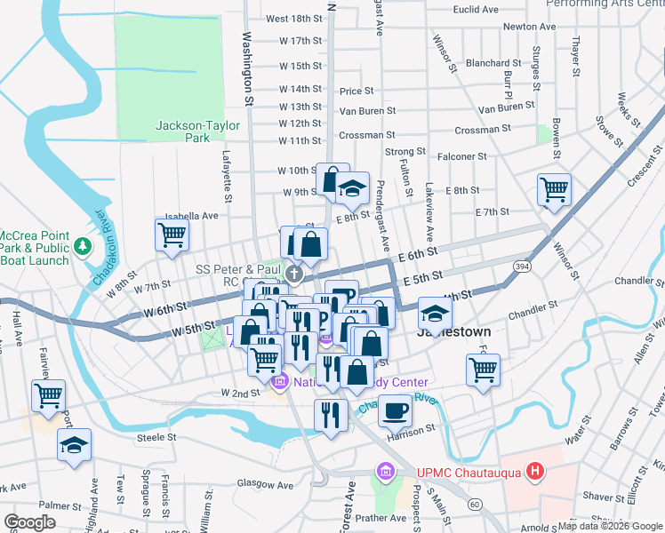 map of restaurants, bars, coffee shops, grocery stores, and more near 607 Pine Street in Jamestown