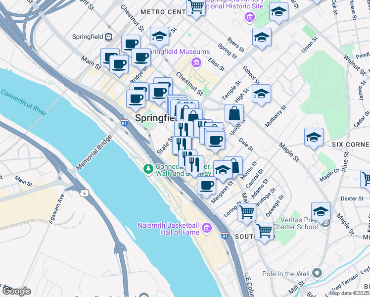 map of restaurants, bars, coffee shops, grocery stores, and more near 24 MGM Way in Springfield