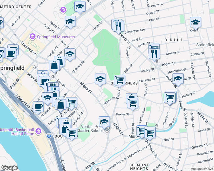 map of restaurants, bars, coffee shops, grocery stores, and more near 223-225 Central Street in Springfield