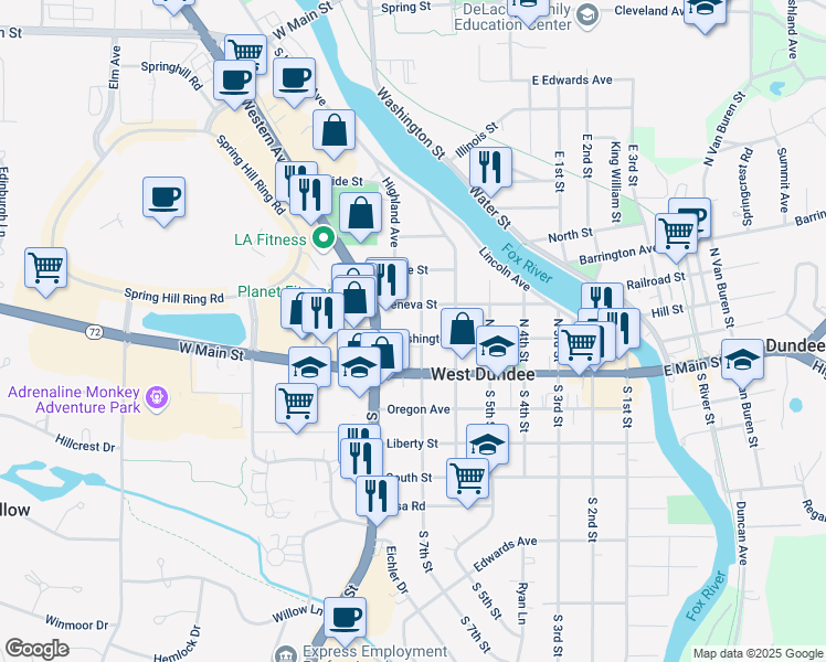 map of restaurants, bars, coffee shops, grocery stores, and more near 706 Washington Street in West Dundee