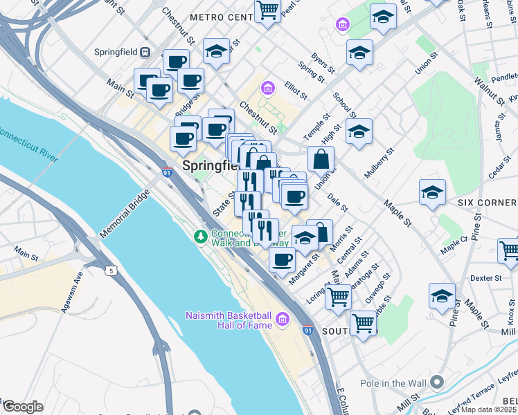 map of restaurants, bars, coffee shops, grocery stores, and more near 26 Howard Street in Springfield