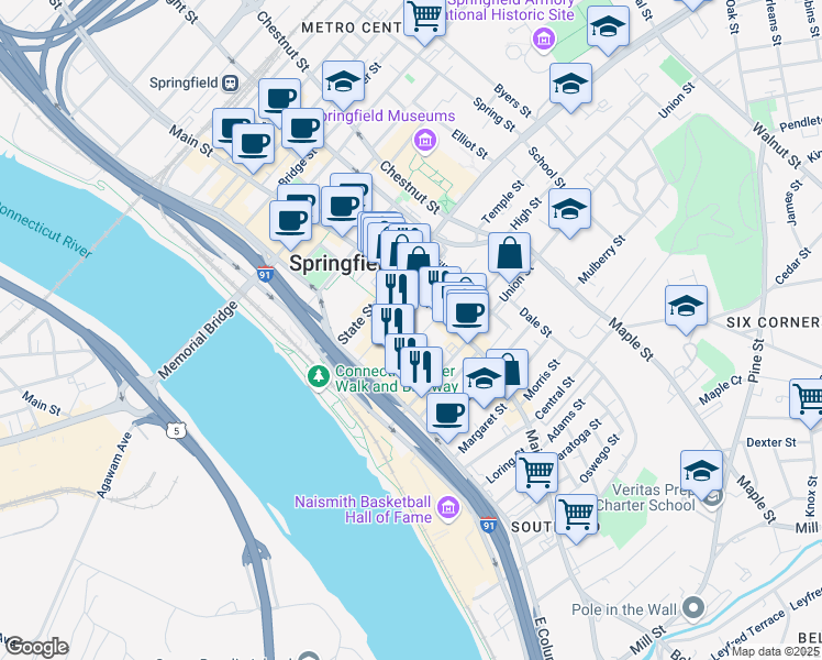 map of restaurants, bars, coffee shops, grocery stores, and more near 26 Howard Street in Springfield