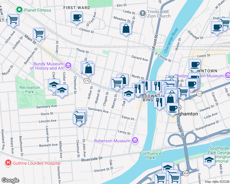 map of restaurants, bars, coffee shops, grocery stores, and more near 63 Main Street in Binghamton