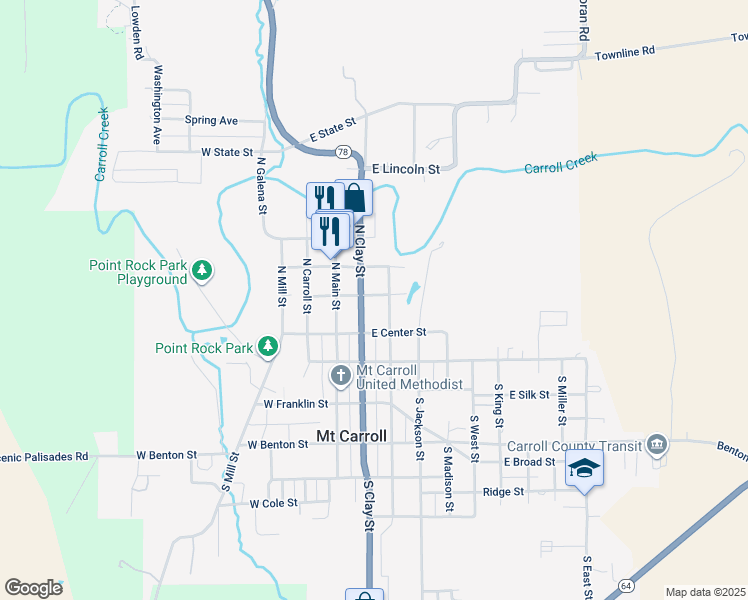map of restaurants, bars, coffee shops, grocery stores, and more near 115 North Clay Street in Mount Carroll Historic District