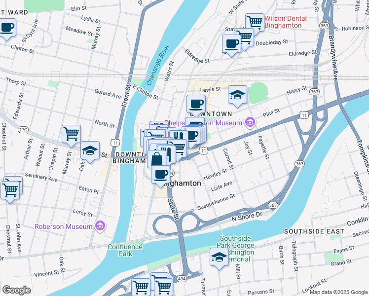 map of restaurants, bars, coffee shops, grocery stores, and more near 73 Court Street in Binghamton