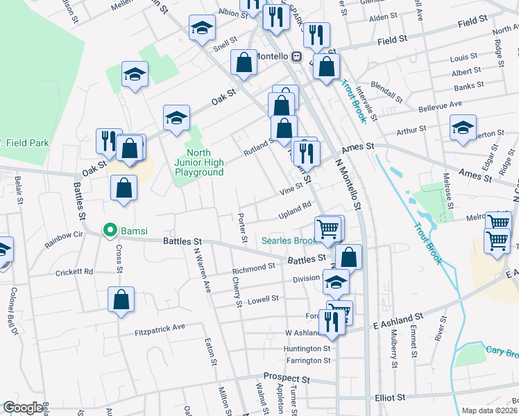 map of restaurants, bars, coffee shops, grocery stores, and more near 67 Upland Road in Brockton