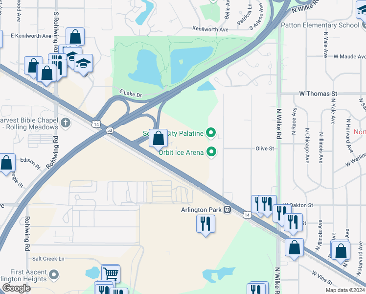 map of restaurants, bars, coffee shops, grocery stores, and more near in Palatine