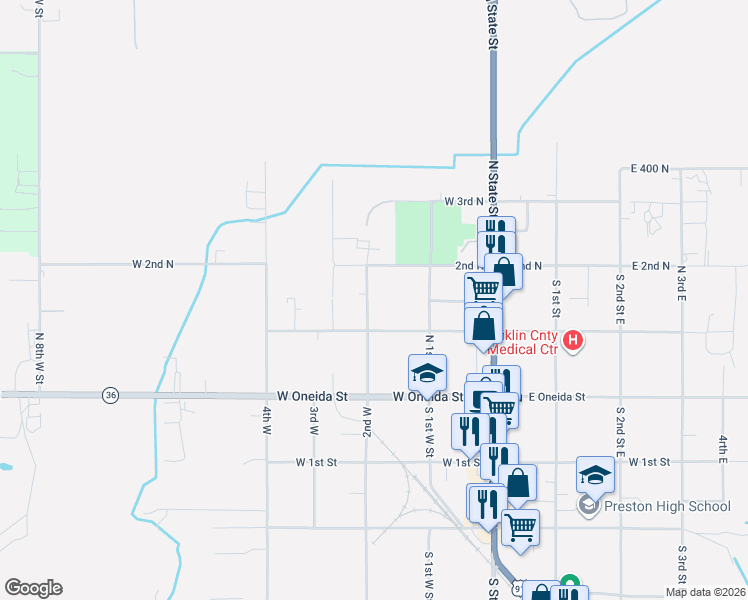 map of restaurants, bars, coffee shops, grocery stores, and more near 150 North 2nd West in Preston