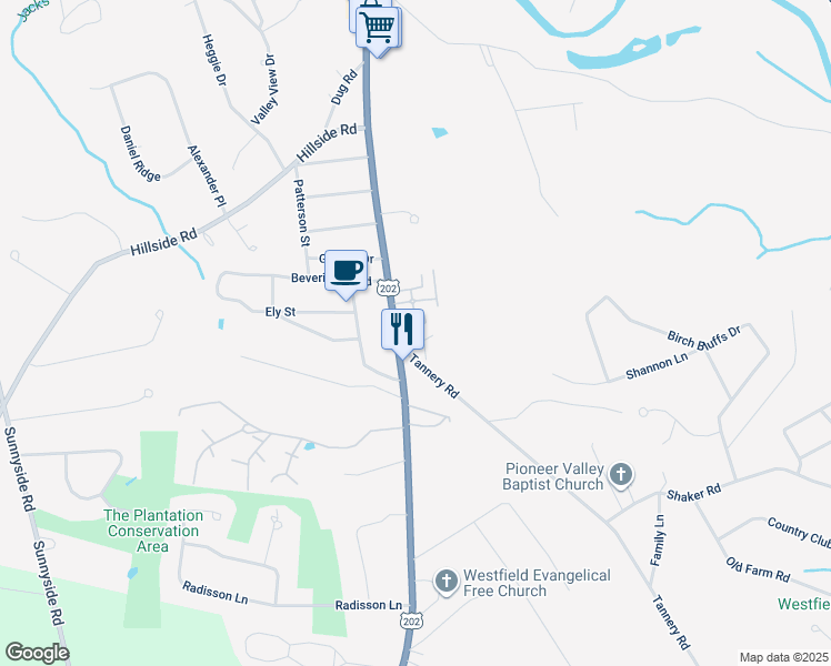map of restaurants, bars, coffee shops, grocery stores, and more near 342 Southwick Road in Westfield