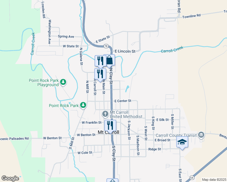 map of restaurants, bars, coffee shops, grocery stores, and more near 115 North Clay Street in Mount Carroll