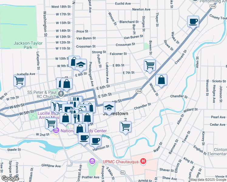 map of restaurants, bars, coffee shops, grocery stores, and more near 334 East 5th Street in Jamestown