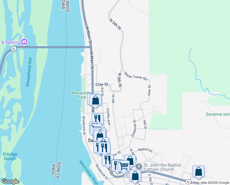 map of restaurants, bars, coffee shops, grocery stores, and more near 800-836 4th Street in Savanna