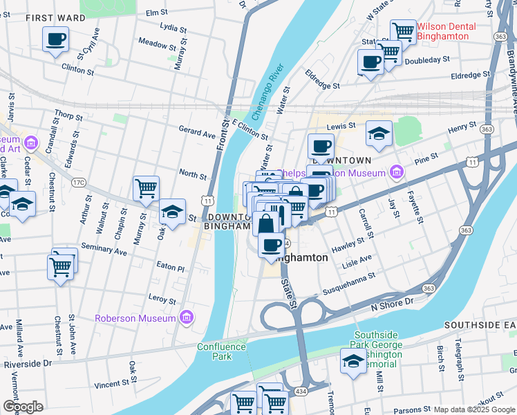 map of restaurants, bars, coffee shops, grocery stores, and more near 47 Court Street in Binghamton