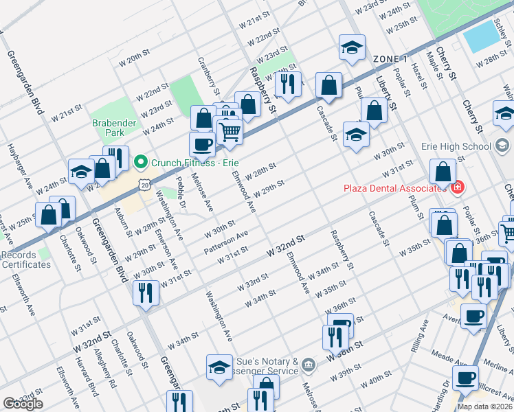 map of restaurants, bars, coffee shops, grocery stores, and more near 2918 Elmwood Avenue in Erie