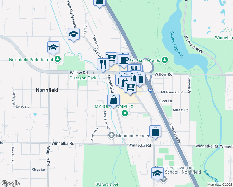 map of restaurants, bars, coffee shops, grocery stores, and more near 275 Northfield Road in Northfield