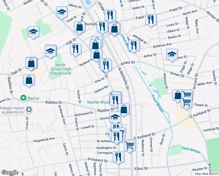 map of restaurants, bars, coffee shops, grocery stores, and more near 622 North Main Street in Brockton