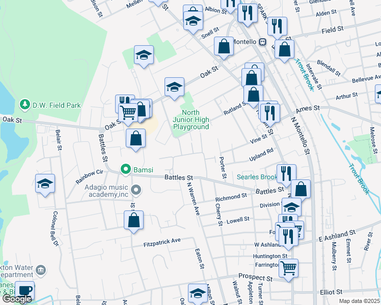 map of restaurants, bars, coffee shops, grocery stores, and more near 92 Battles Farm Drive in Brockton