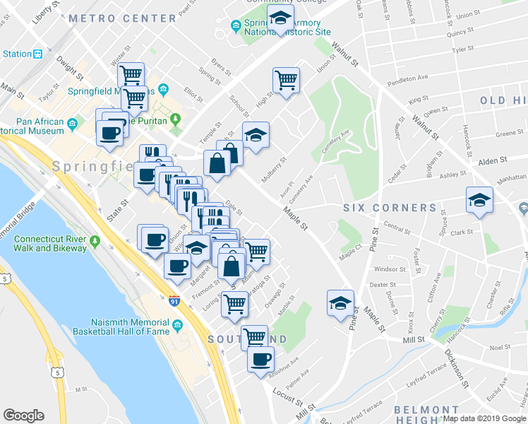 map of restaurants, bars, coffee shops, grocery stores, and more near 82 Morris Street in Springfield