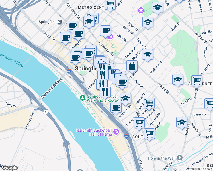 map of restaurants, bars, coffee shops, grocery stores, and more near 24 MGM Way in Springfield