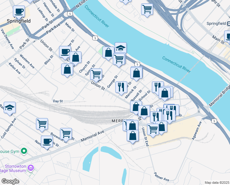 map of restaurants, bars, coffee shops, grocery stores, and more near 751-3 Union Street in West Springfield