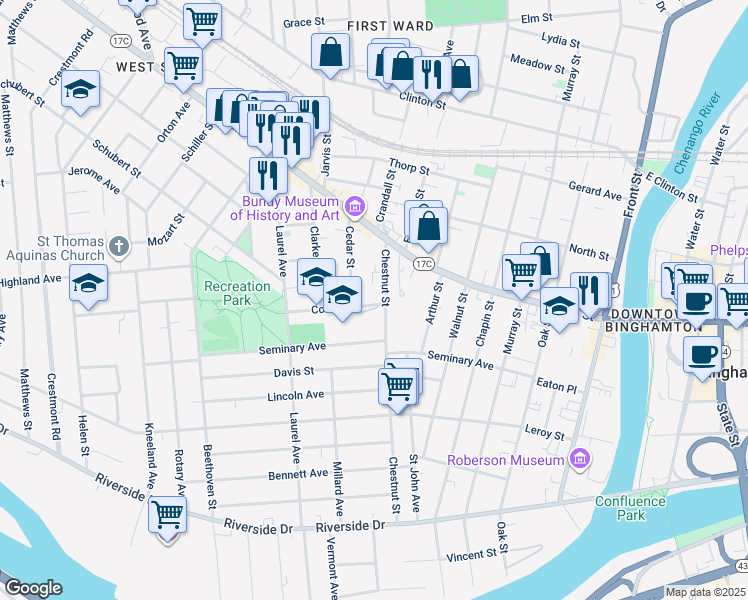 map of restaurants, bars, coffee shops, grocery stores, and more near 88 Chestnut Street in Binghamton