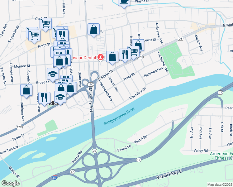 map of restaurants, bars, coffee shops, grocery stores, and more near 415-417 Roosevelt Avenue in Endicott