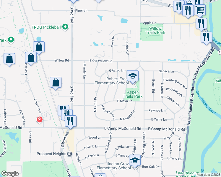 map of restaurants, bars, coffee shops, grocery stores, and more near 1710 North Aralia Drive in Mount Prospect