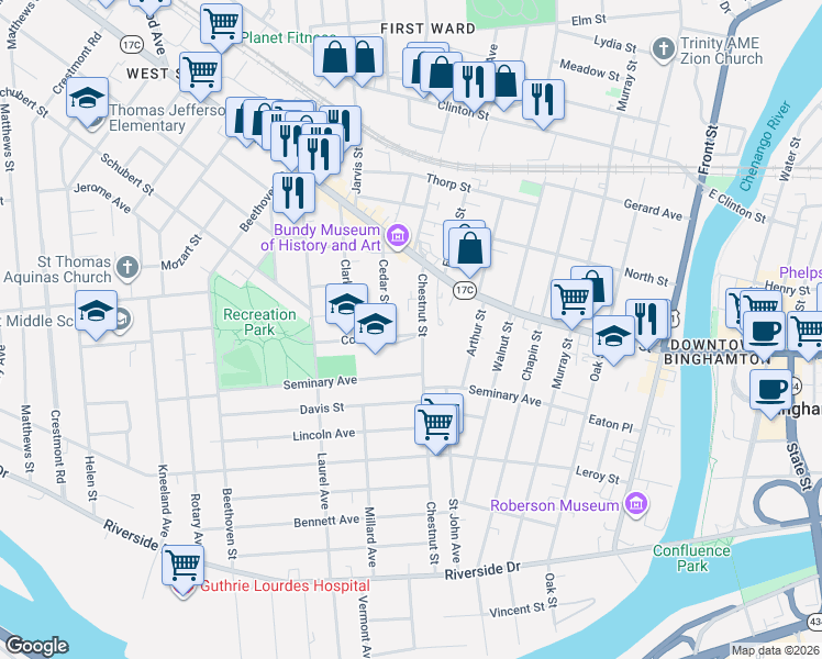 map of restaurants, bars, coffee shops, grocery stores, and more near 88 Chestnut Street in Binghamton