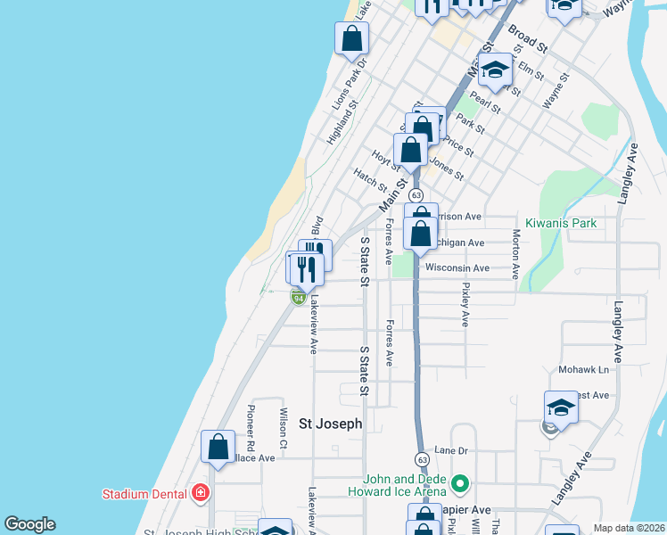 map of restaurants, bars, coffee shops, grocery stores, and more near 1614 Lakeview Avenue in St. Joseph