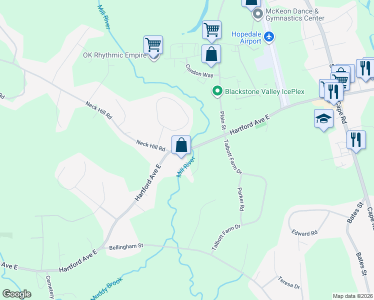 map of restaurants, bars, coffee shops, grocery stores, and more near 288 Hartford Avenue East in Uxbridge
