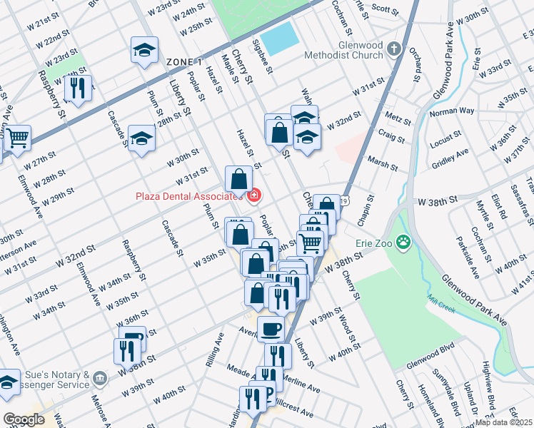 map of restaurants, bars, coffee shops, grocery stores, and more near 3407 Poplar Street in Erie