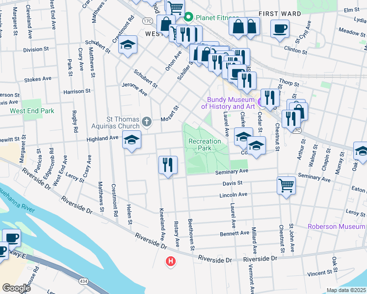 map of restaurants, bars, coffee shops, grocery stores, and more near Beethoven Street in Binghamton