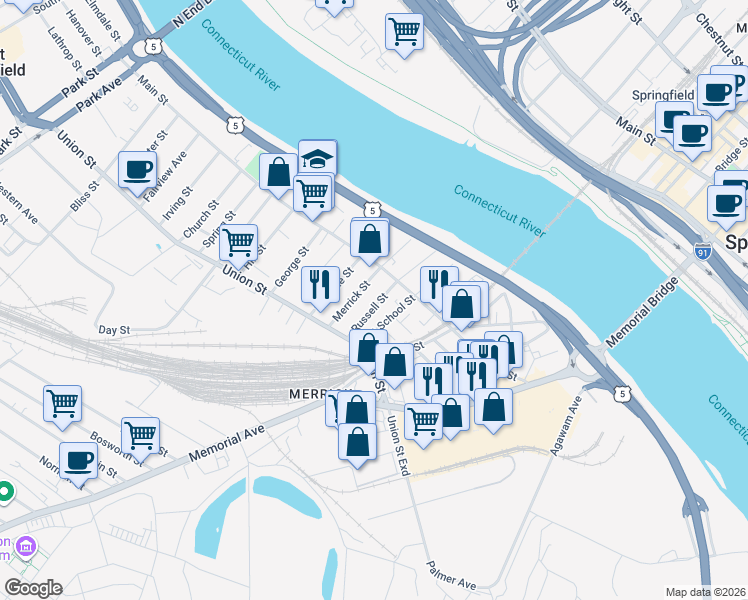 map of restaurants, bars, coffee shops, grocery stores, and more near 32 Russell Street in West Springfield