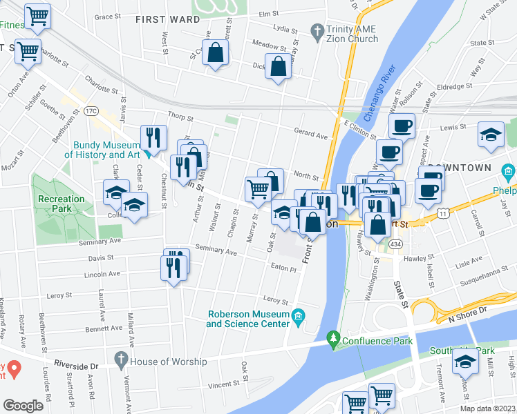 map of restaurants, bars, coffee shops, grocery stores, and more near Main St & Murray St in Binghamton