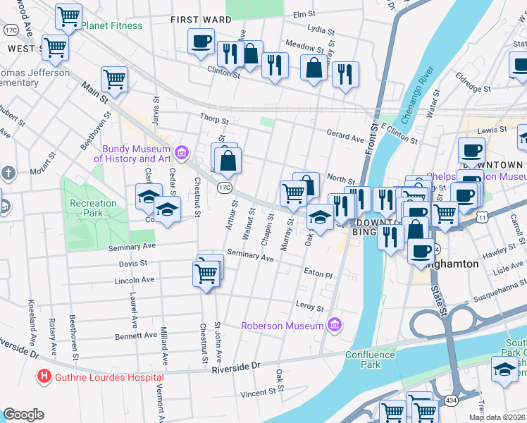 map of restaurants, bars, coffee shops, grocery stores, and more near 71 Main Street in Binghamton