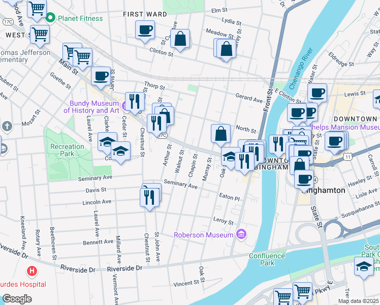 map of restaurants, bars, coffee shops, grocery stores, and more near 71 Main Street in Binghamton