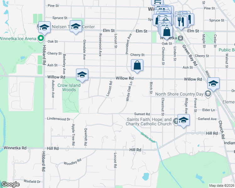 map of restaurants, bars, coffee shops, grocery stores, and more near 290 White Oak Lane in Winnetka