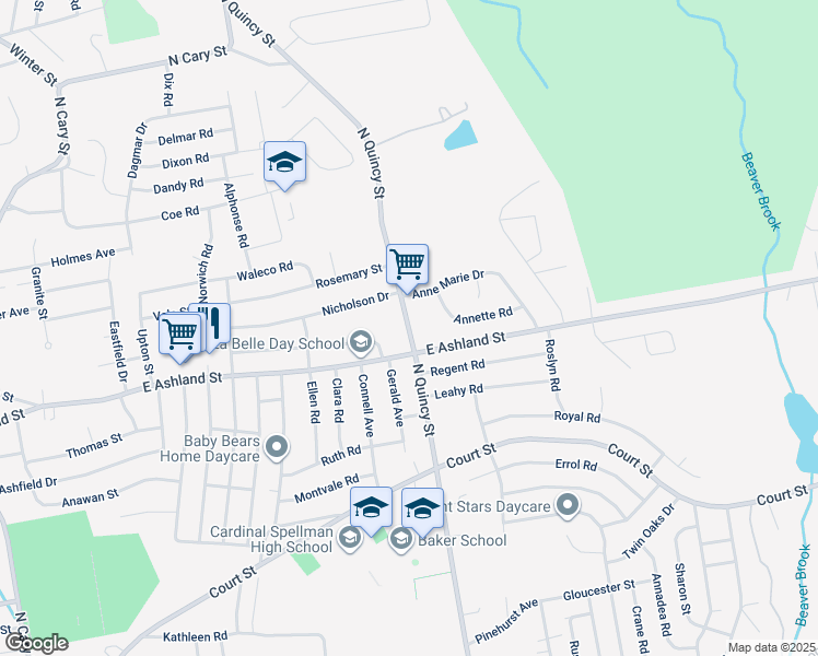 map of restaurants, bars, coffee shops, grocery stores, and more near 120 North Quincy Street in Brockton