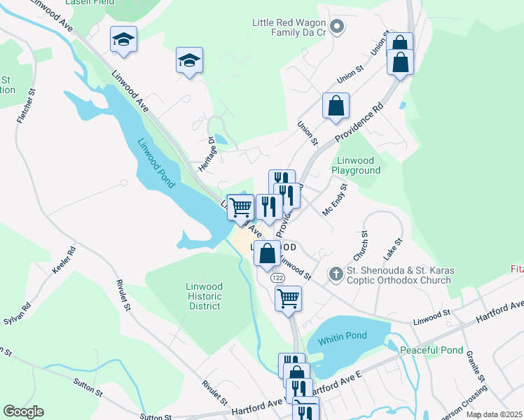 map of restaurants, bars, coffee shops, grocery stores, and more near 670 Linwood Avenue in Northbridge