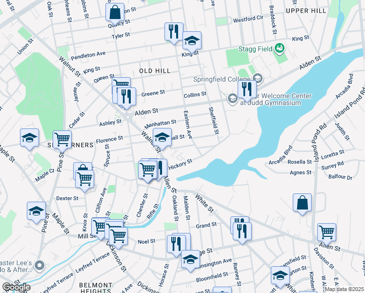 map of restaurants, bars, coffee shops, grocery stores, and more near 73-75 Melrose Street in Springfield