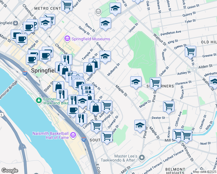 map of restaurants, bars, coffee shops, grocery stores, and more near 82 Morris Street in Springfield