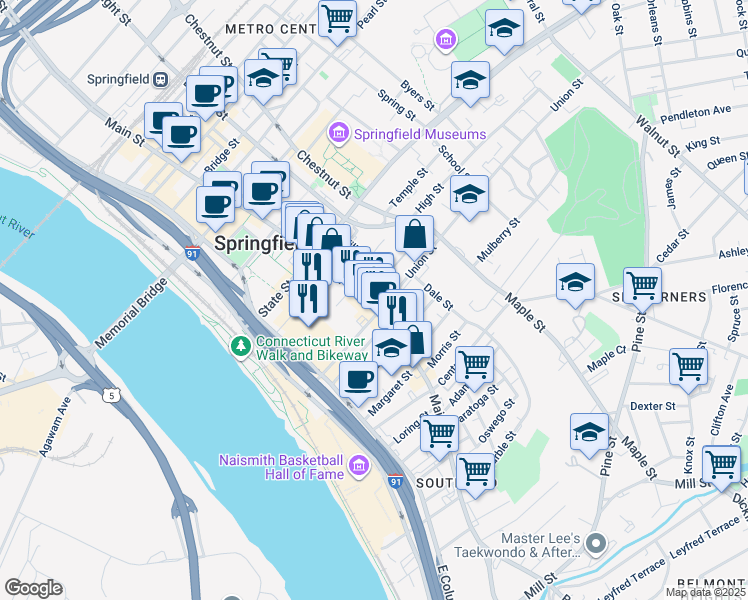 map of restaurants, bars, coffee shops, grocery stores, and more near 1028 Main Street in Springfield