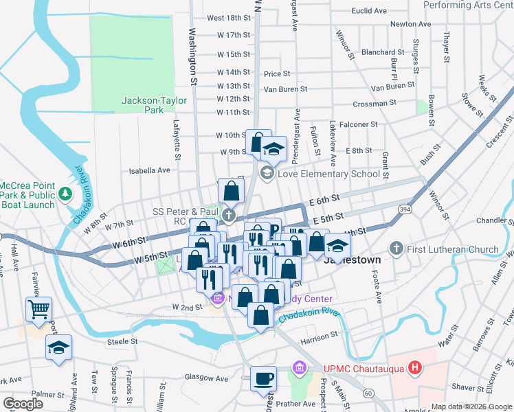 map of restaurants, bars, coffee shops, grocery stores, and more near 607 Pine Street in Jamestown
