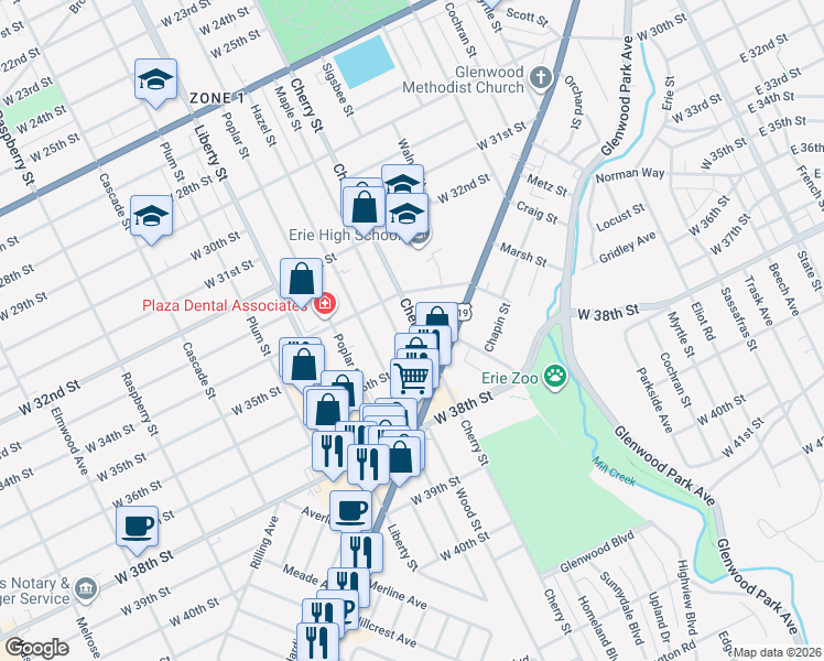 map of restaurants, bars, coffee shops, grocery stores, and more near 3531 Maple Street in Erie